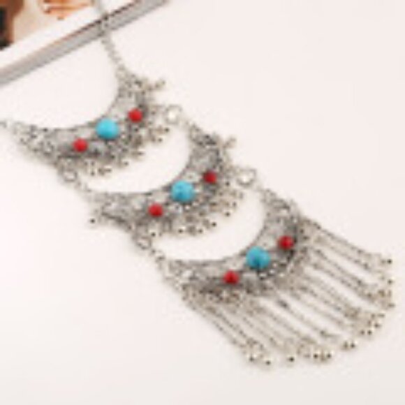 #020 Hollow Gemstone Necklace Vintage Tassel Chain with Earrings - Picture 4 of 4